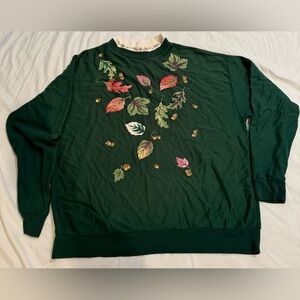 Vtg Long Sleeve Green Mock Turtleneck Autumn Fall Leaves & Acorns Colorful Sz L